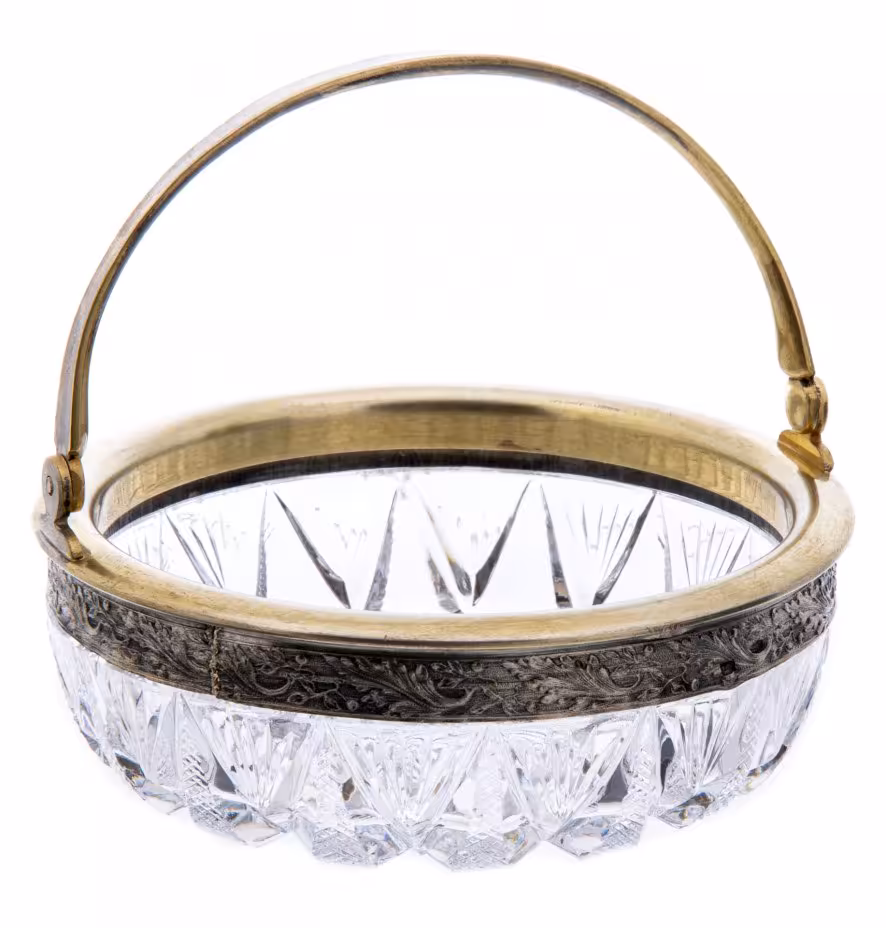 Ваза (конфетница) с ручкой, серебро 875 пр., хрусталь, СССР, 1950-1960 гг.