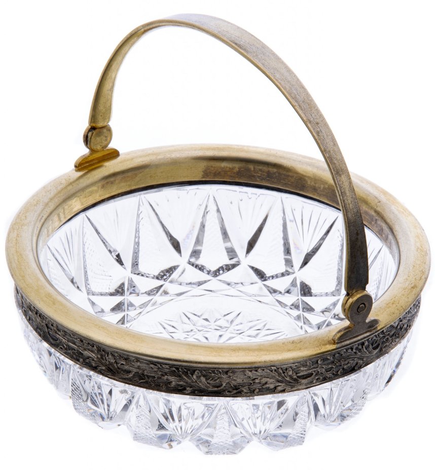 Ваза (конфетница) с ручкой, серебро 875 пр., хрусталь, СССР, 1950-1960 гг.