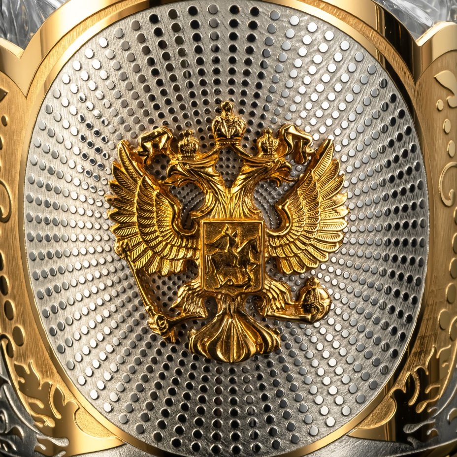 Подстаканник "Герб Российской Федерации" с ложкой и стаканом в подарочной коробке, латунь, стекло, золочение, Златоуст, Российская Федерация, 2025 г.