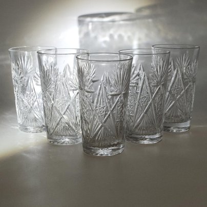 Набор из 5-ти стаканов с геометрическим декором, хрусталь, алмазная грань, СССР, 1970-1990 гг.