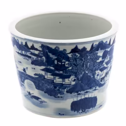 Кашпо с пейзажным декором, фаянс, деколь с дорисовкой, Китай, 1980-2000 гг.