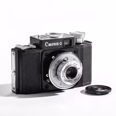 Фотоаппарат "Смена-2" в оригинальной коробке, пластмасса, металл, стекло, кожа, Государственный оптико-механический завод, г. Ленинград, СССР, 1959 г., ЛОМО (Ленинградское оптико-механическое объединение)