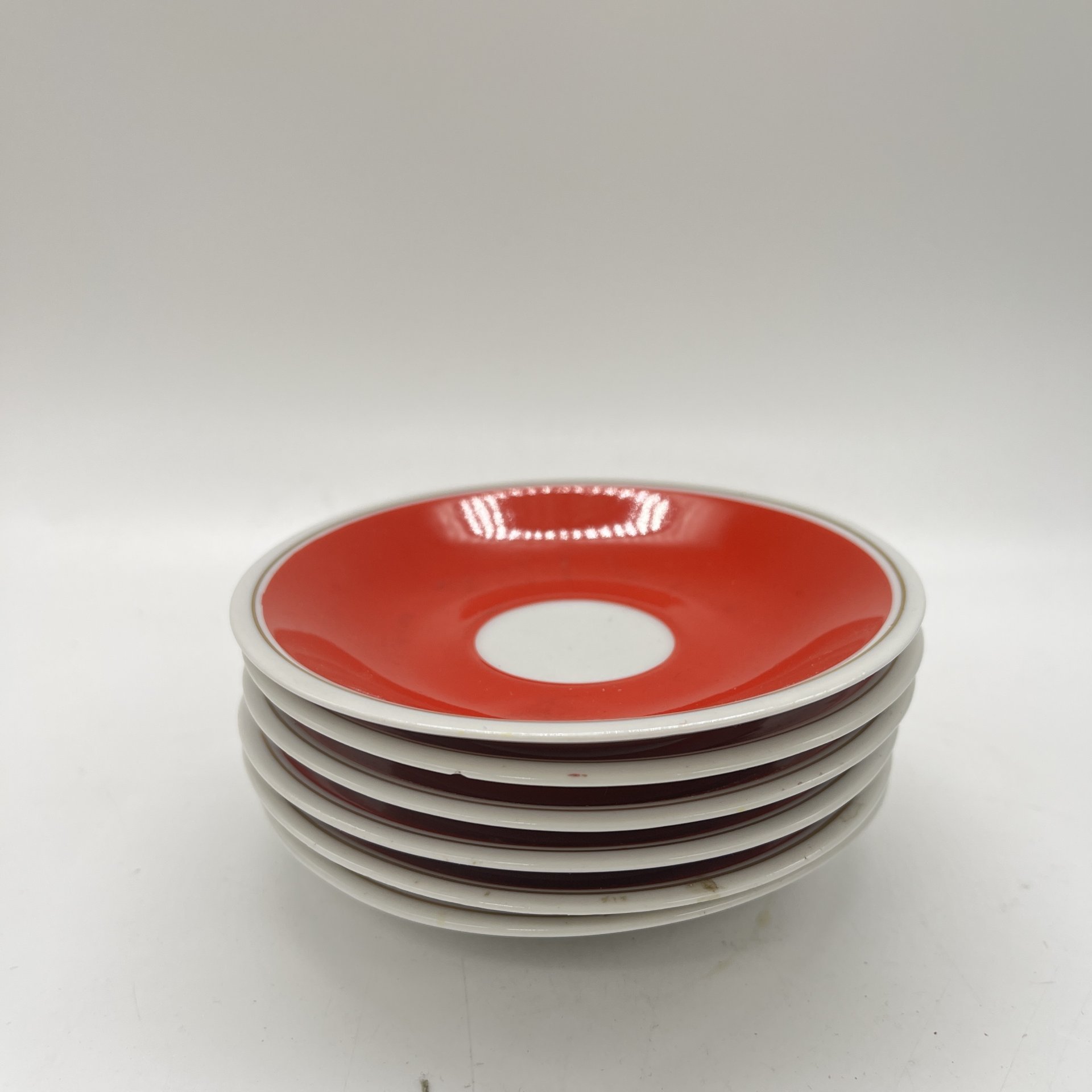 Набор из 6 блюдец с лаконичным декором (в подборе), фарфор, крытье, золочение, Freiberger Porzellan, ГДР, 1950-1980 гг.