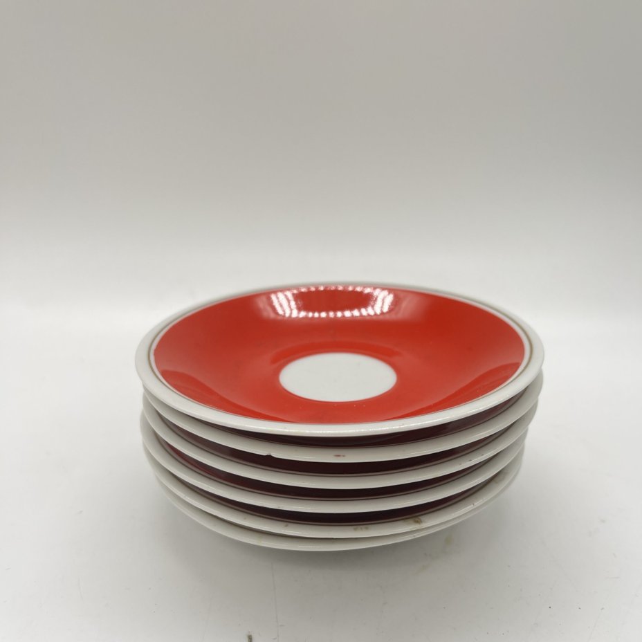 Набор из 6 блюдец с лаконичным декором (в подборе), фарфор, крытье, золочение, Freiberger Porzellan, ГДР, 1950-1980 гг.