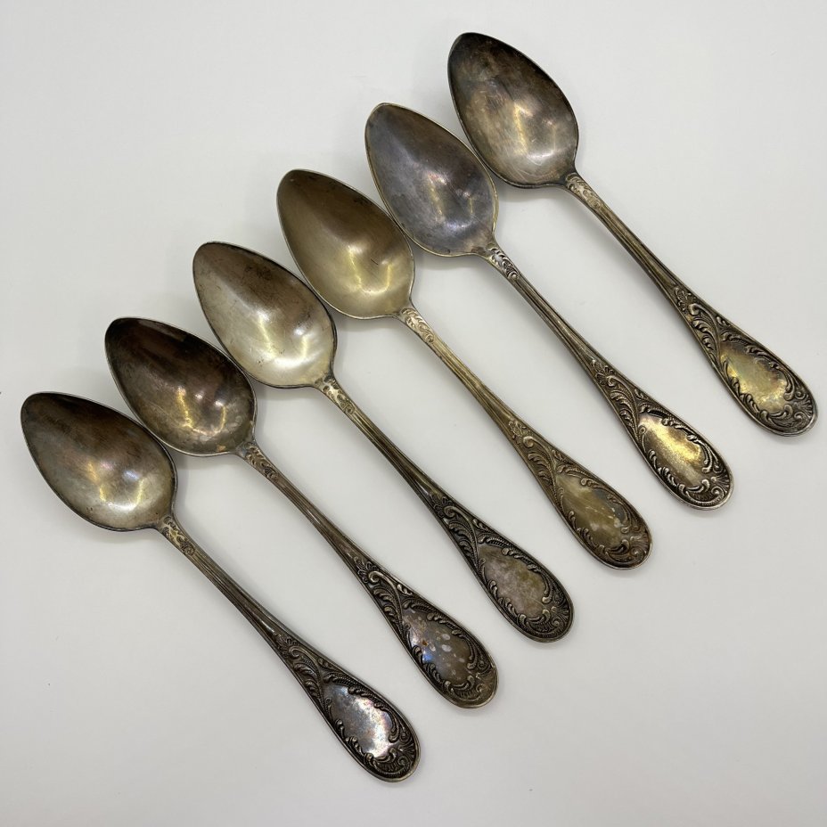 Набор из 6-ти столовых ложек с растительным декором, мНЦ (медь-никель-цинк), Кольчугинский завод цветных металлов, СССР, 1950-1960 гг.