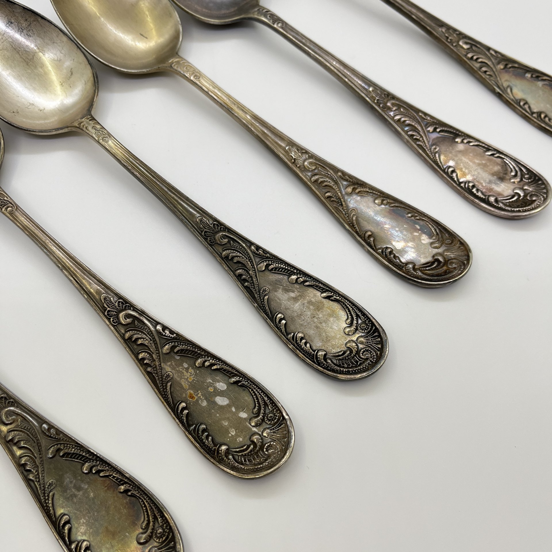 Набор из 6-ти столовых ложек с растительным декором, мНЦ (медь-никель-цинк), Кольчугинский завод цветных металлов, СССР, 1950-1960 гг.