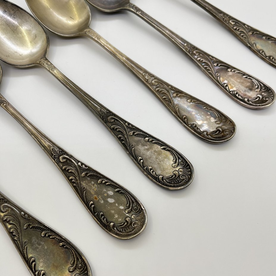 Набор из 6-ти столовых ложек с растительным декором, мНЦ (медь-никель-цинк), Кольчугинский завод цветных металлов, СССР, 1950-1960 гг.