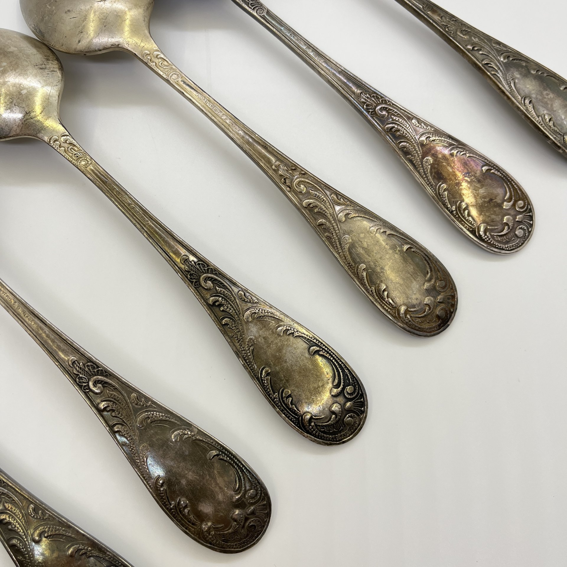 Набор из 6-ти столовых ложек с растительным декором, мНЦ (медь-никель-цинк), Кольчугинский завод цветных металлов, СССР, 1950-1960 гг.