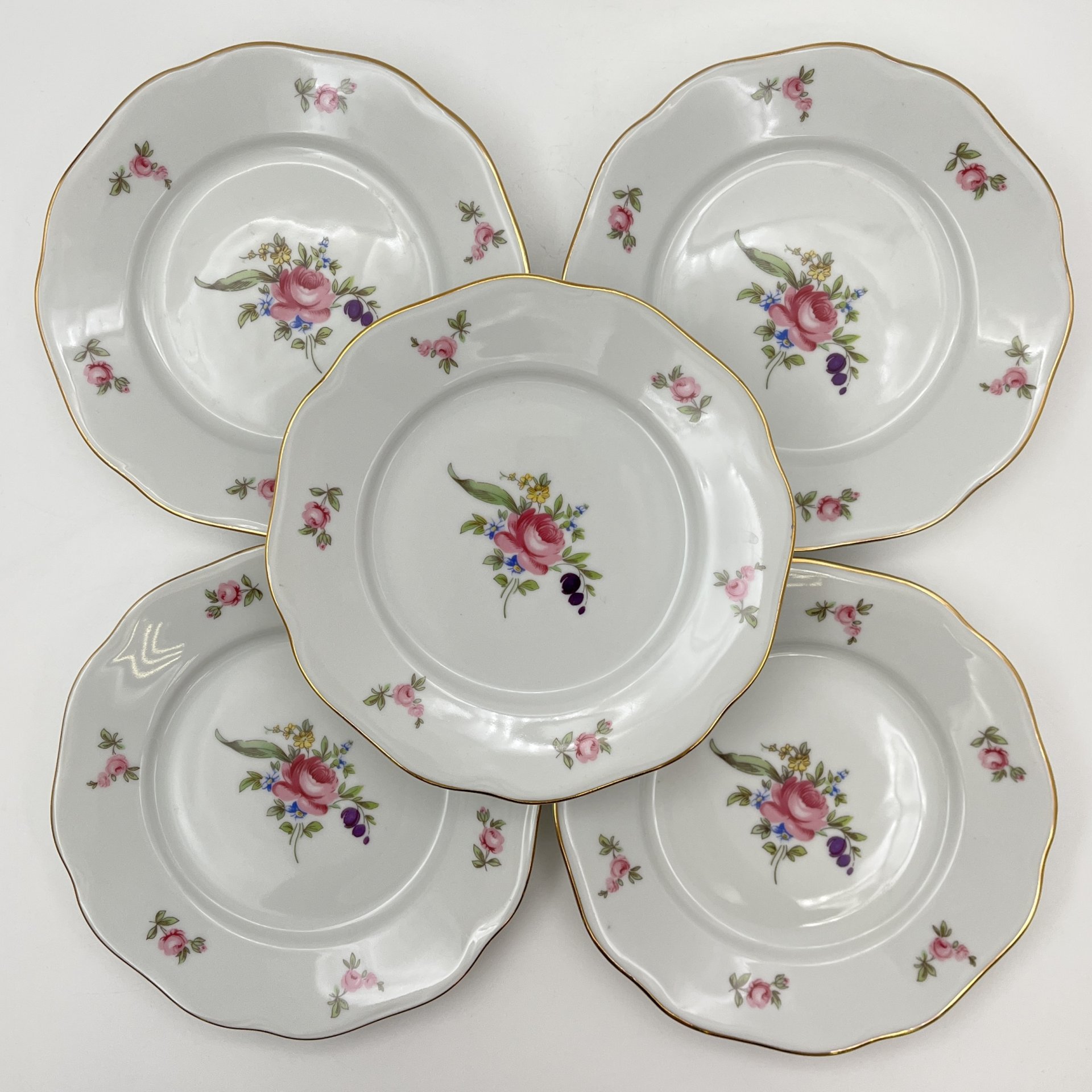 Набор пирожковых тарелок "Мейсенский букет" на 5 персон, фарфор, деколь, золочение, Bohemia (Neurohlau), Чехословакия, 1970-1990 гг.
