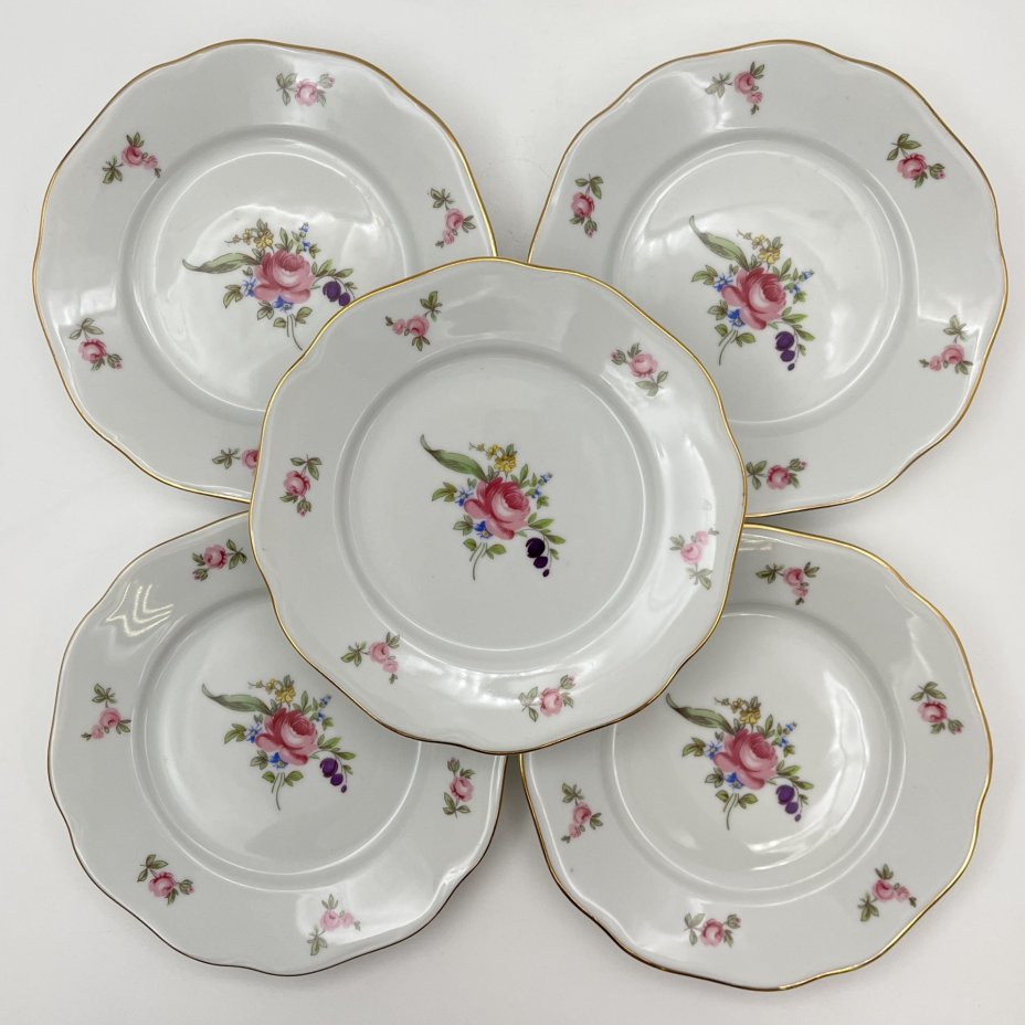 Набор пирожковых тарелок "Мейсенский букет" на 5 персон, фарфор, деколь, золочение, Bohemia (Neurohlau), Чехословакия, 1970-1990 гг.