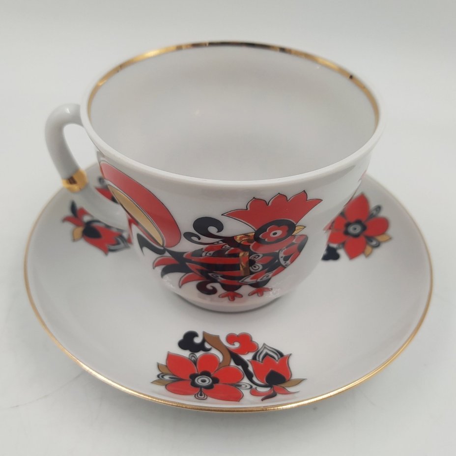 Пара чайная "Красный петух" в оригинальной коробке, форма "Сударыня", фарфор, деколь, золочение, Императорский фарфоровый завод (ИФЗ), СССР, 2006-2020 гг.