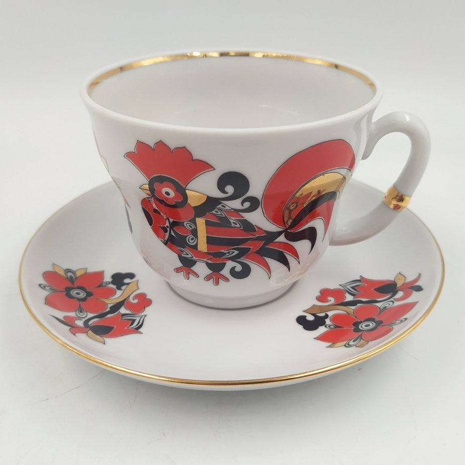 Пара чайная "Красный петух" в оригинальной коробке, форма "Сударыня", фарфор, деколь, золочение, Императорский фарфоровый завод (ИФЗ), СССР, 2006-2020 гг.