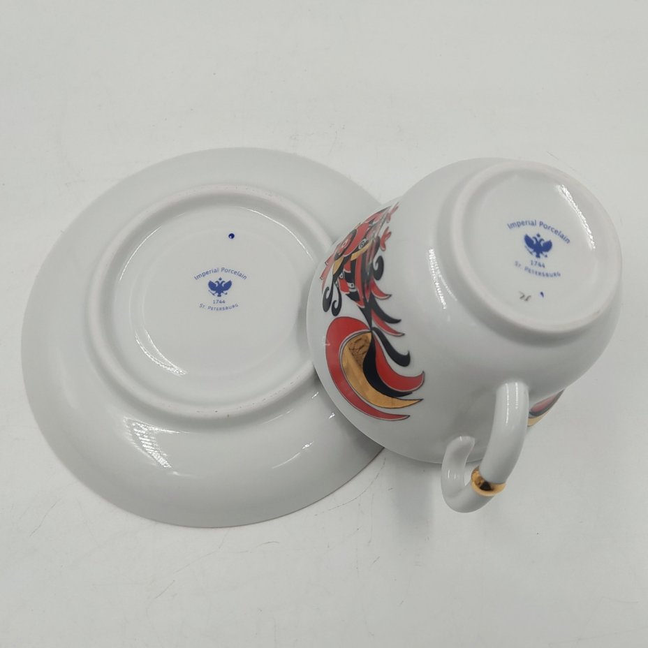 Пара чайная "Красный петух" в оригинальной коробке, форма "Сударыня", фарфор, деколь, золочение, Императорский фарфоровый завод (ИФЗ), СССР, 2006-2020 гг.