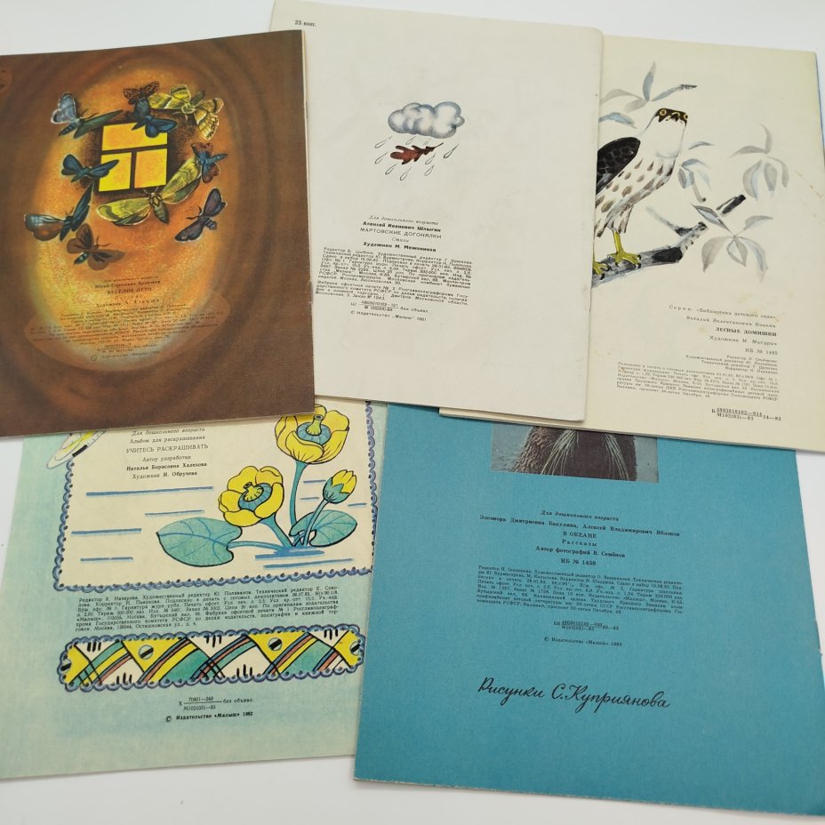 Набор из 5-ти детских книг (В. Бианки "Лесные домишки", Э. Бакулина, А.Я. Блоков "В океане", А. Шлыгин "Мартовские догонялки", альбом "Учитесь раскрашивать", Ю. Аракчеев "Весёлое лето"), Издательство "Малыш"