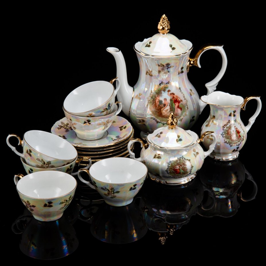 Сервиз чайный на 6 персон (15 предметов) "Мадонна", фарфор, деколь, люстр, золочение, Kahla, ГДР, 1960-1980 гг.