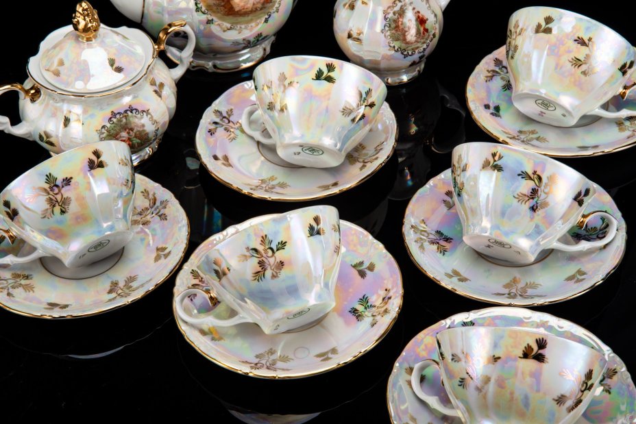 Сервиз чайный на 6 персон (15 предметов) "Мадонна", фарфор, деколь, люстр, золочение, Kahla, ГДР, 1960-1980 гг.