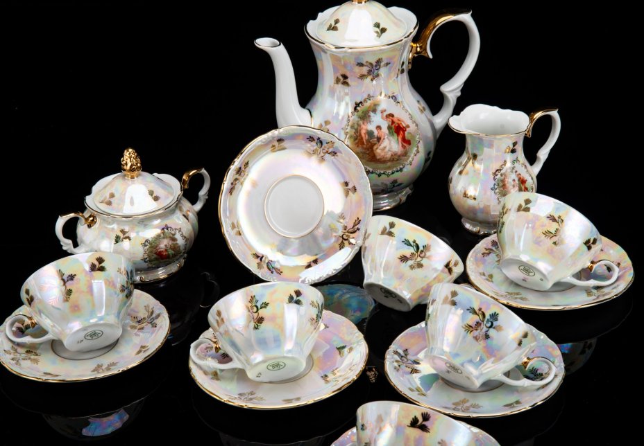 Сервиз чайный на 6 персон (15 предметов) "Мадонна", фарфор, деколь, люстр, золочение, Kahla, ГДР, 1960-1980 гг.