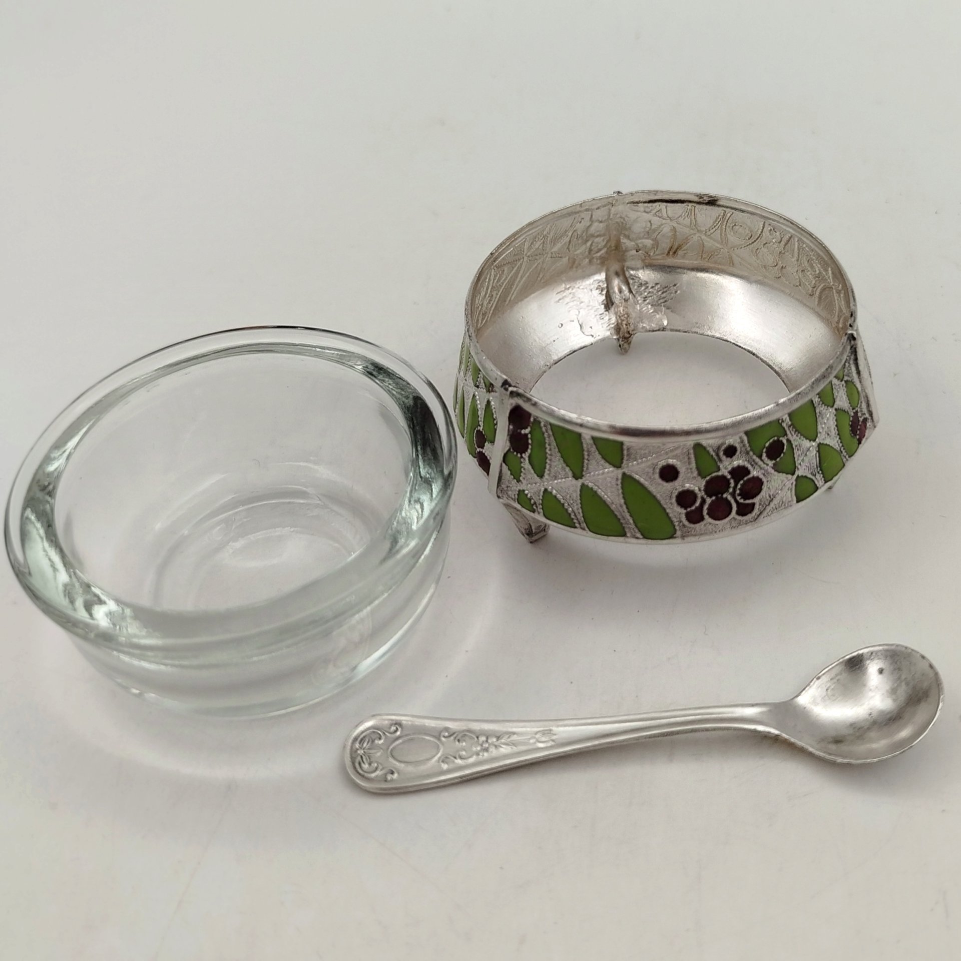 Солонка «Рябинка» с ложечкой, мельхиор (медь-никель), эмаль, стекло (вставка), Мстерская художественная фабрика  «Ювелир», СССР, 1970-1980 гг., Мстерская художественная фабрика  «Ювелир»
