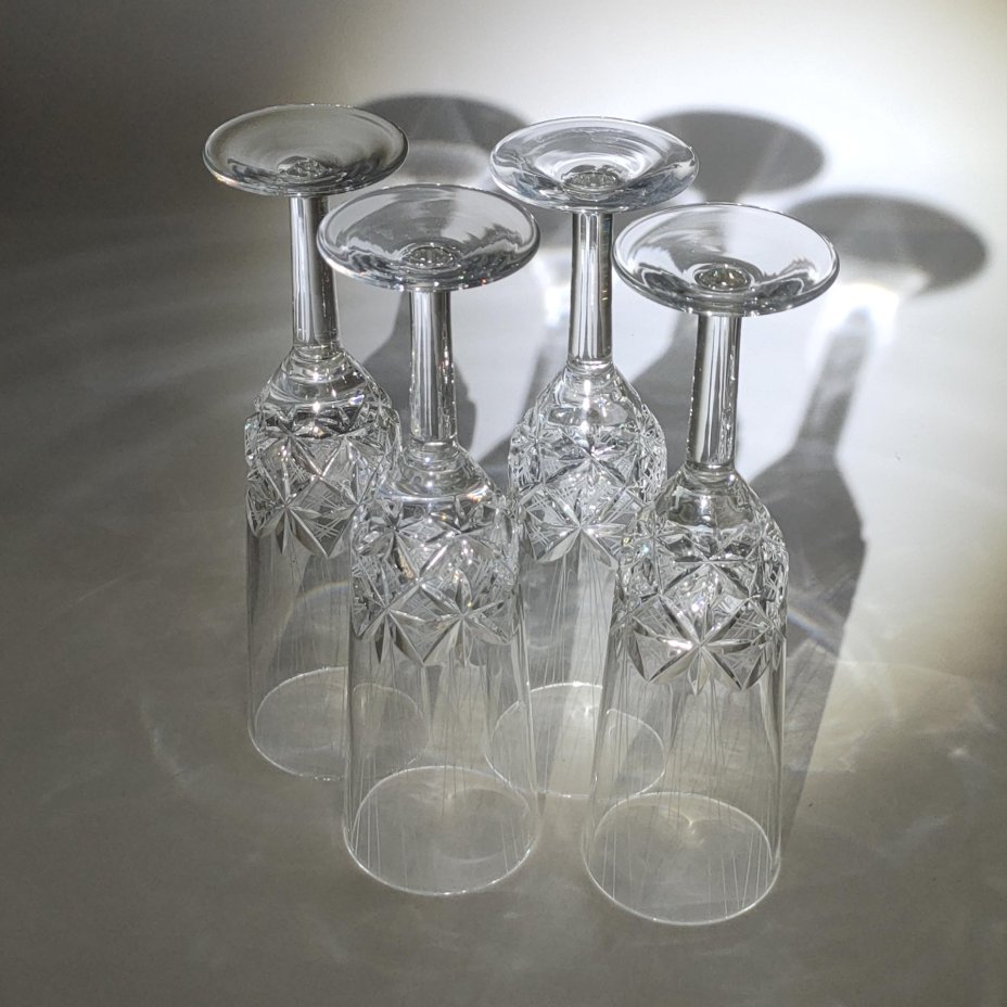 Набор из 4-х бокалов "Комета", автор формы Е.В. Яновская, автор рисунка Х.М. Пыльд (Кяяр), хрусталь, алмазная грань, Ленинградский завод художественного стекла (ЛЗХС), СССР, 1970-1980 гг.