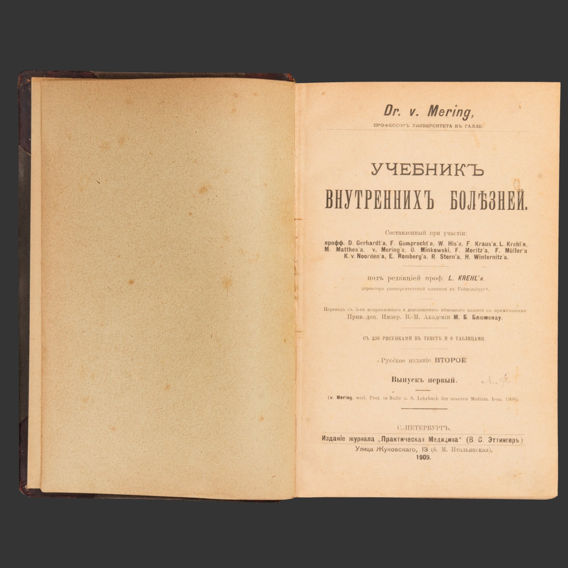 Книга Йозеф Меринг, "Учебник внутренних болезней", бумага, печать, кожа, тиснение, Издательство «Практическая медицина», Российская империя, 1909 г.