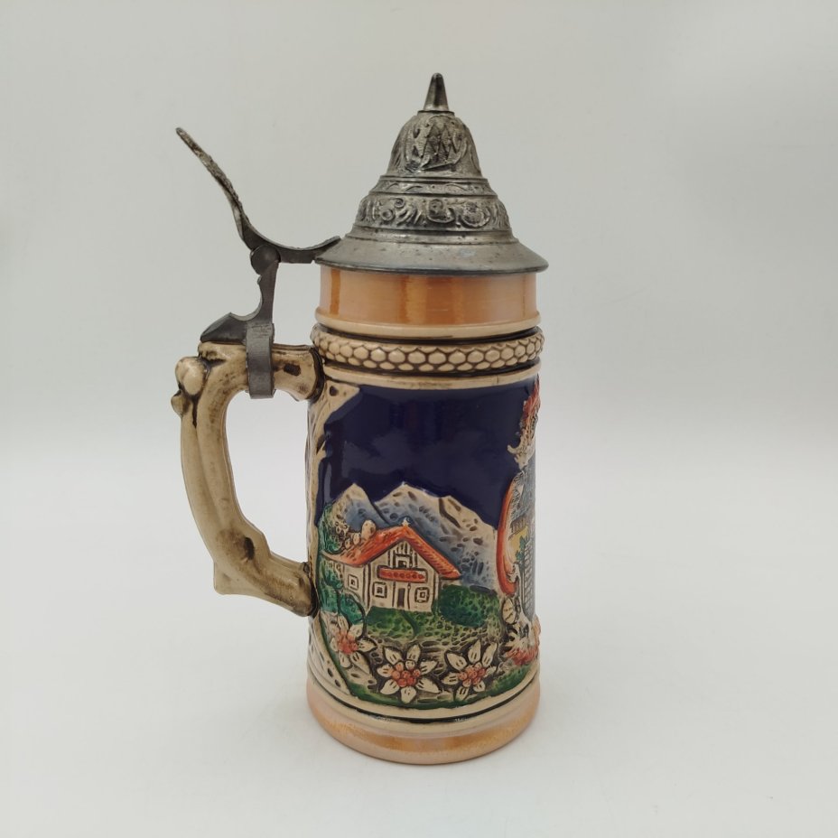 Кружка пивная с крышкой "Drosselhof", керамика, олово, люстр, роспись, Германия, 1960-1990 гг.