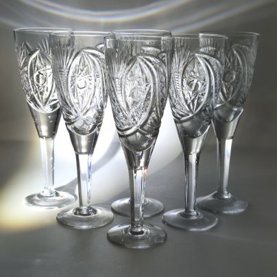 Набор из 6-ти бокалов с резным геометрическим декором, хрусталь, алмазная грань, СССР, 1970-1990 гг.