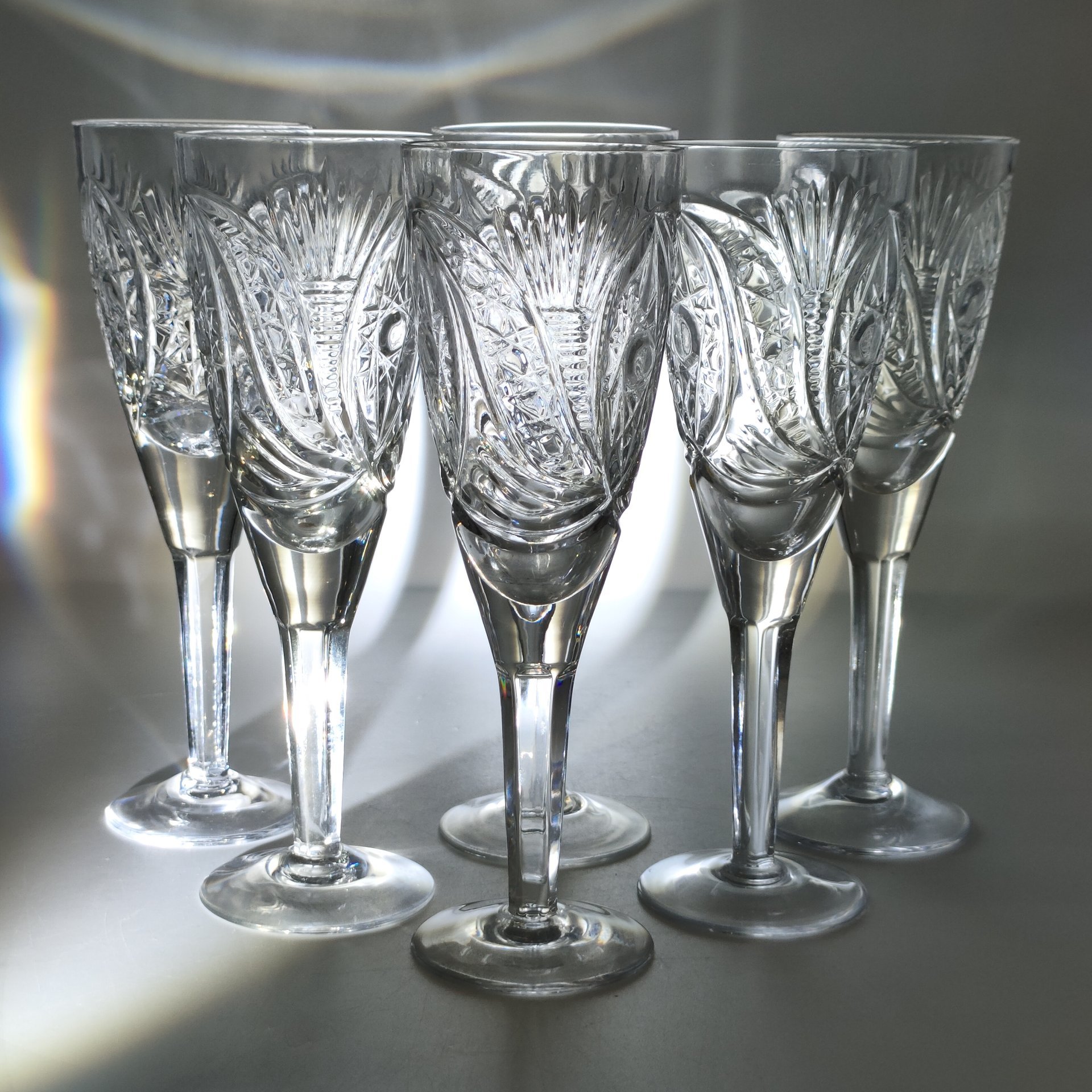 Набор из 6-ти бокалов с резным геометрическим декором, хрусталь, алмазная грань, СССР, 1970-1990 гг.