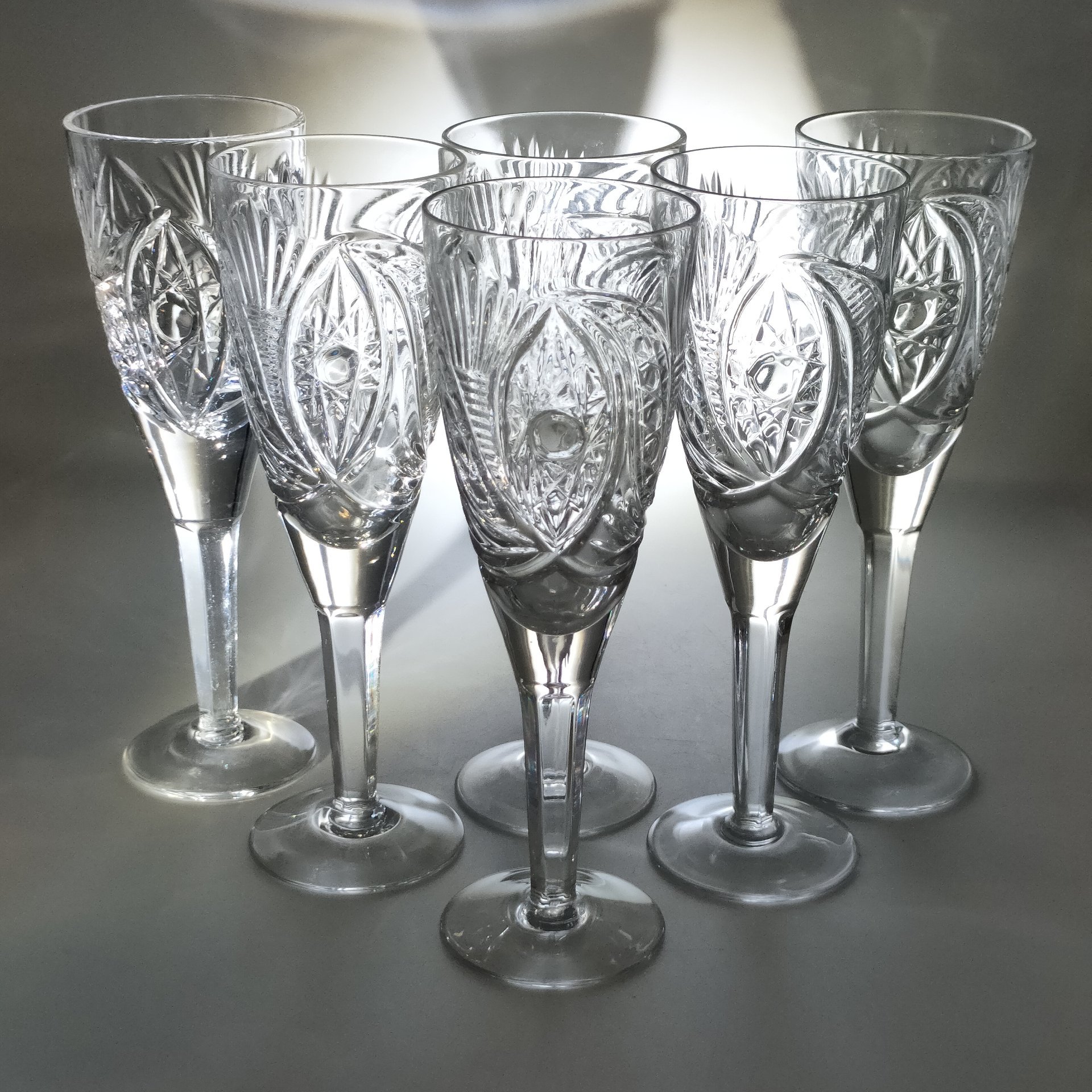 Набор из 6-ти бокалов с резным геометрическим декором, хрусталь, алмазная грань, СССР, 1970-1990 гг.