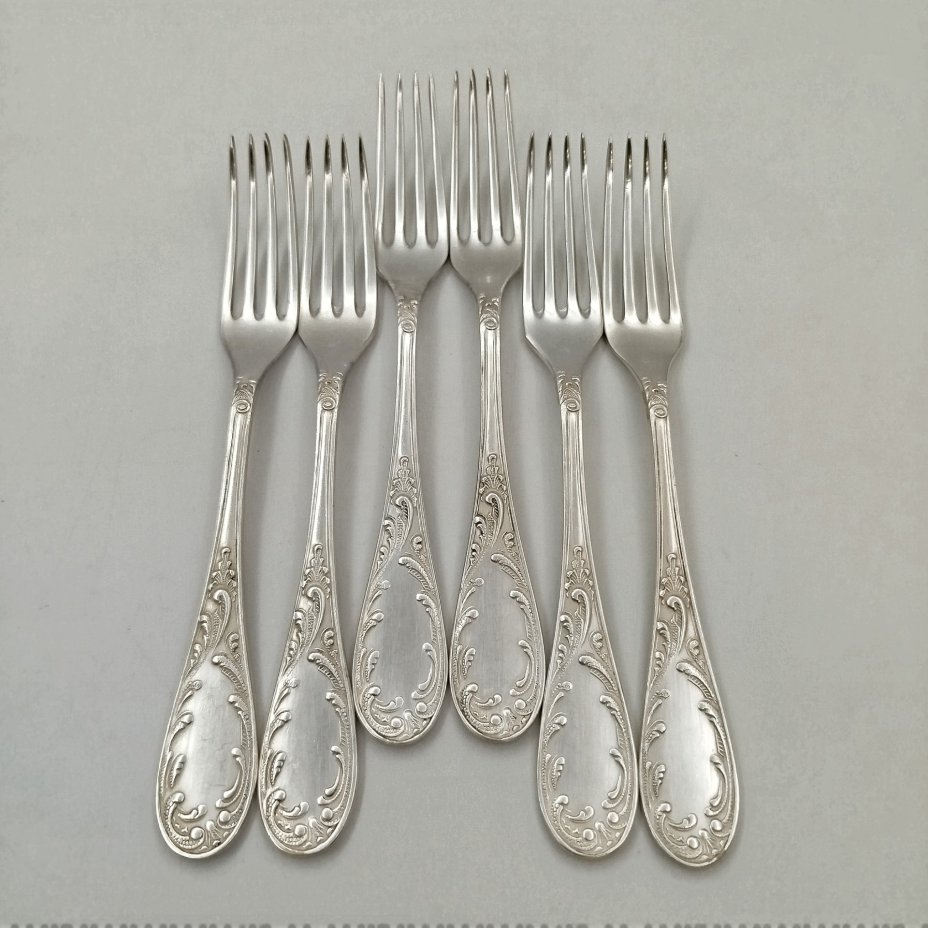 Набор из 6-ти десертных вилок "Пламя", мельхиор (медь-никель), Кольчугинский завод цветных металлов, СССР, 1954-1959 гг., Кольчугинский завод цветных металлов