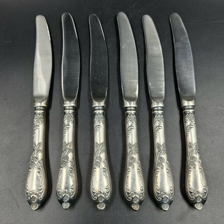 Набор из шести десертных ножей с растительным декором, мНЦ (медь-никель-цинк), сталь, Вольнянский завод столовых приборов им. Шевченко (ЗiШ, ЗиШ), СССР, 1960-1980 гг.