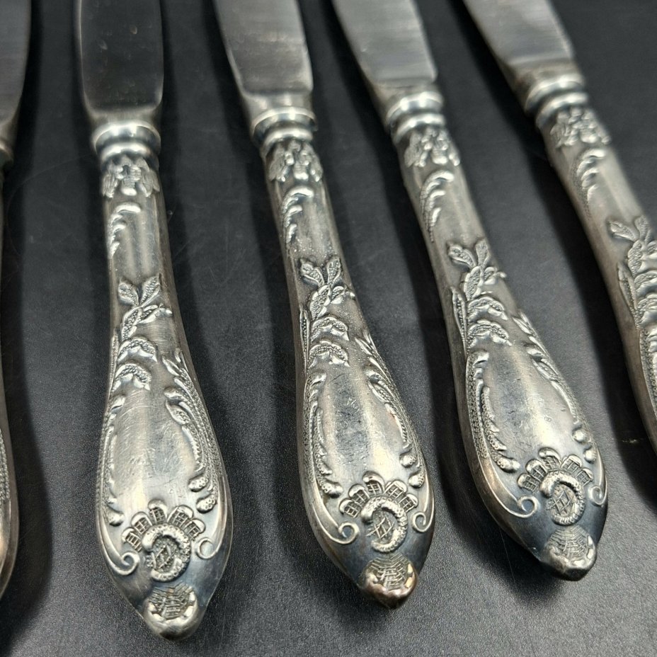 Набор из шести десертных ножей с растительным декором, мНЦ (медь-никель-цинк), сталь, Вольнянский завод столовых приборов им. Шевченко (ЗiШ, ЗиШ), СССР, 1960-1980 гг.