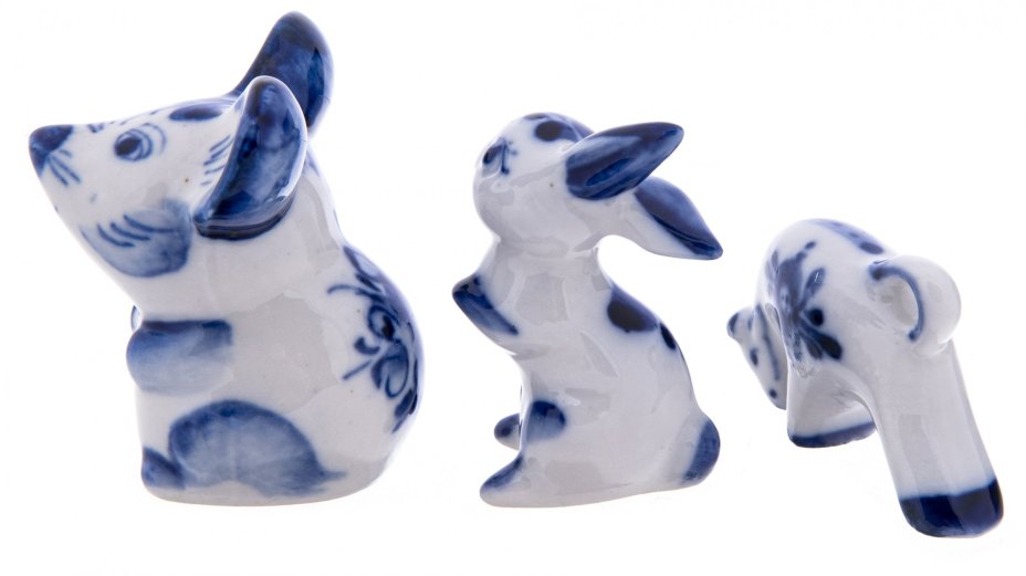 Набор из 3 статуэток "Мышка, заяц и бык", фарфор, роспись, ЗАО "Объединение Гжель", Россия, 1992-2010 гг., Объединение «Гжель»