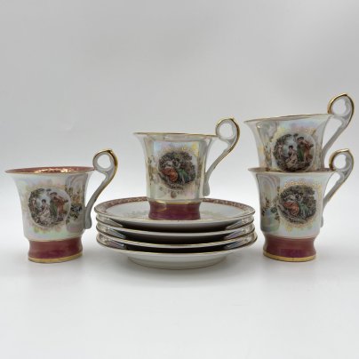 Набор кофейных пар на 4 персоны "Мадонна", фарфор, деколь, люстр, золочение, Martinroda Friedrich Eger & Co. (PM), Германия, 1960-1980 гг.