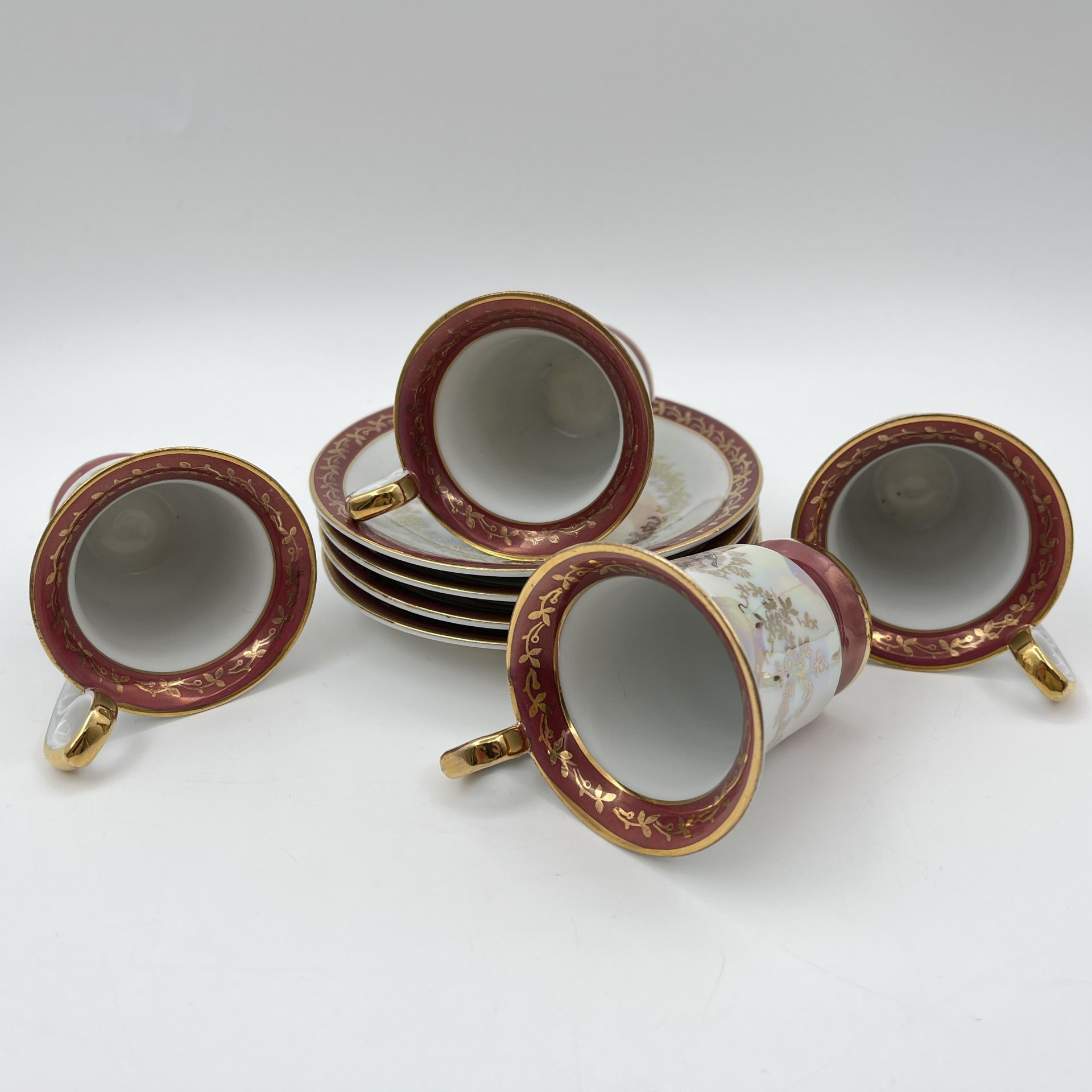 Набор кофейных пар на 4 персоны "Мадонна", фарфор, деколь, люстр, золочение, Martinroda Friedrich Eger & Co. (PM), Германия, 1960-1980 гг.