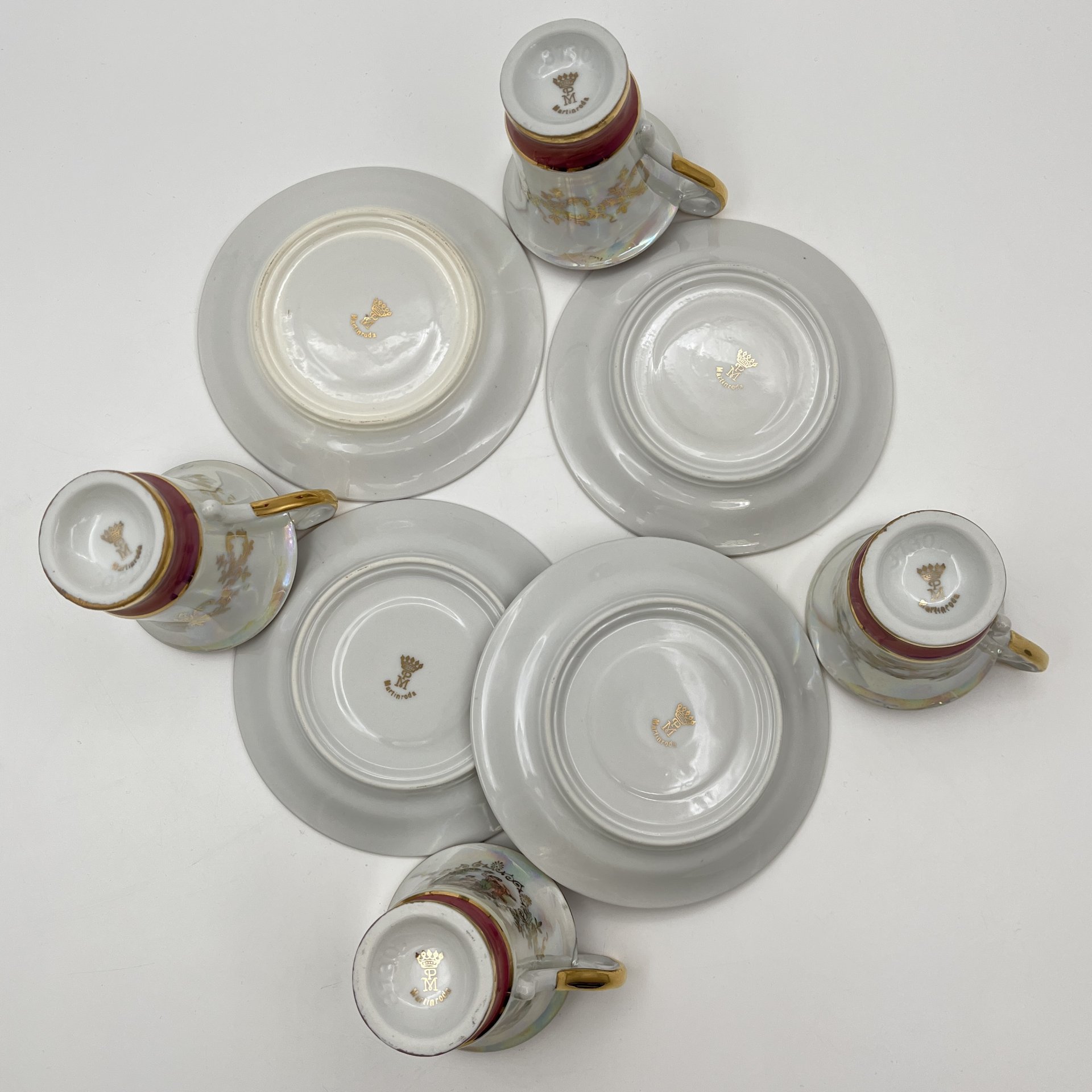 Набор кофейных пар на 4 персоны "Мадонна", фарфор, деколь, люстр, золочение, Martinroda Friedrich Eger & Co. (PM), Германия, 1960-1980 гг.