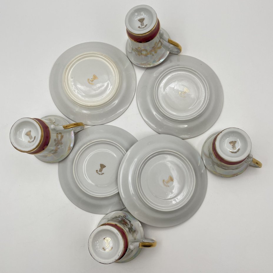 Набор кофейных пар на 4 персоны "Мадонна", фарфор, деколь, люстр, золочение, Martinroda Friedrich Eger & Co. (PM), Германия, 1960-1980 гг.