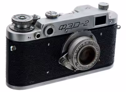 Фотоаппарат пленочный "ФЭД-2" с объективом "Индустар-22" в оригинальном кофре, металл, Харьковский машиностроительный завод "ФЭД", СССР, 1955-1970 гг., Харьковский машиностроительный завод им. Дзержинского (ФЭД)