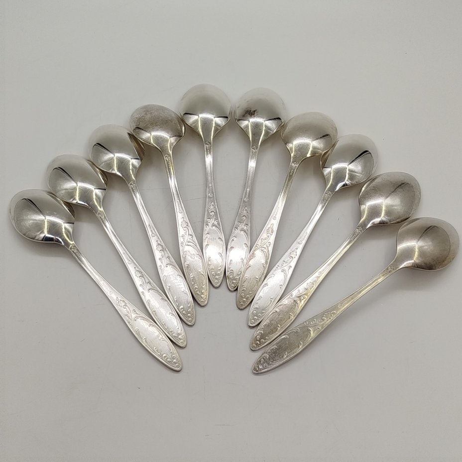 Набор из десяти десертных ложек "Пламя", мНЦ (медь-никель-цинк), Кольчугинский завод цветных металлов, СССР, 1960-1990 гг.