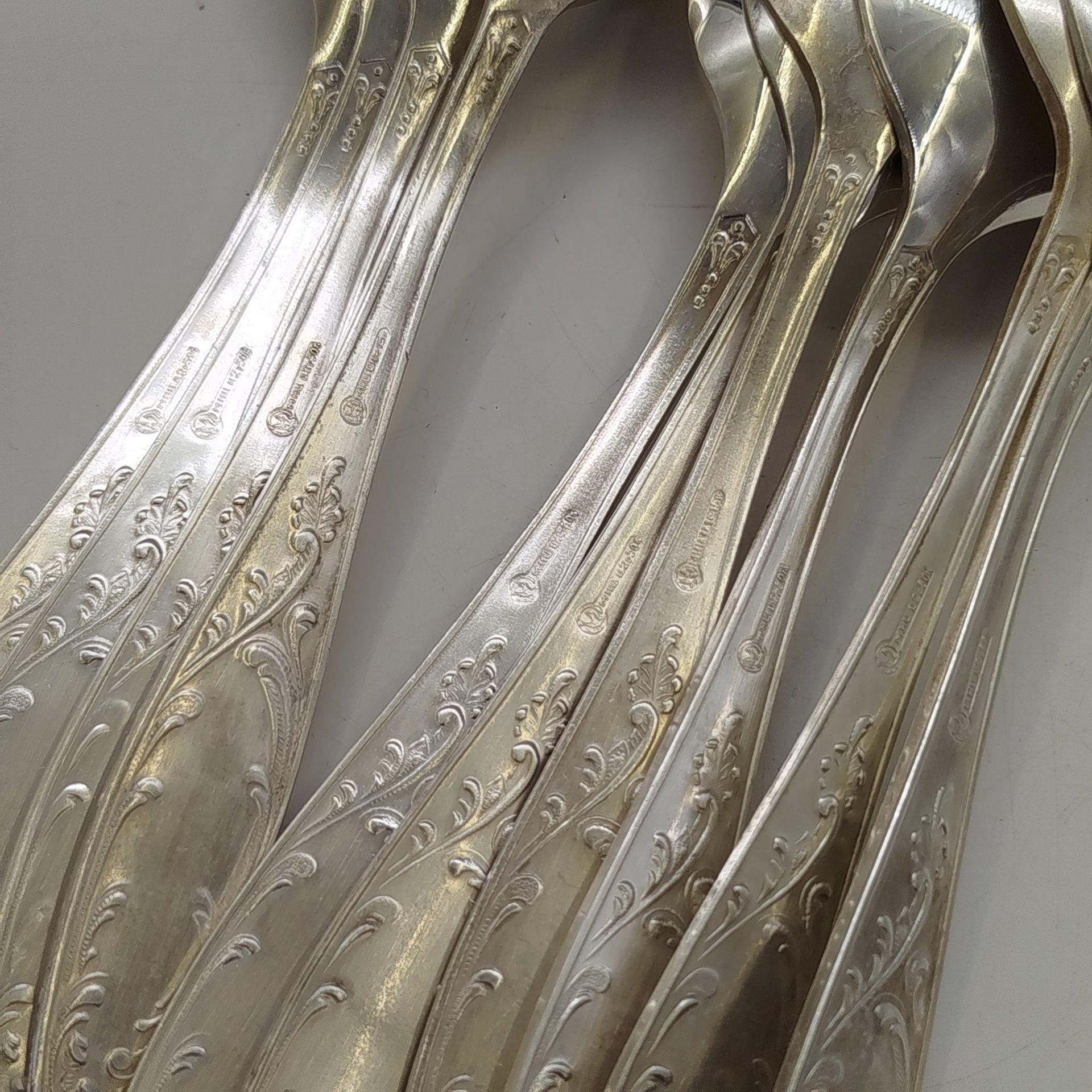 Набор из десяти десертных ложек "Пламя", мНЦ (медь-никель-цинк), Кольчугинский завод цветных металлов, СССР, 1960-1990 гг.