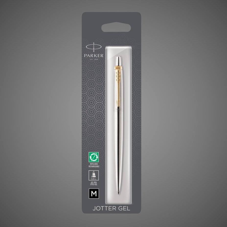 Ручка гелевая Parker Jotter Core K694 Stainless Steel GT Mblack в блистере, Металлы: нержавеющая сталь, позолота