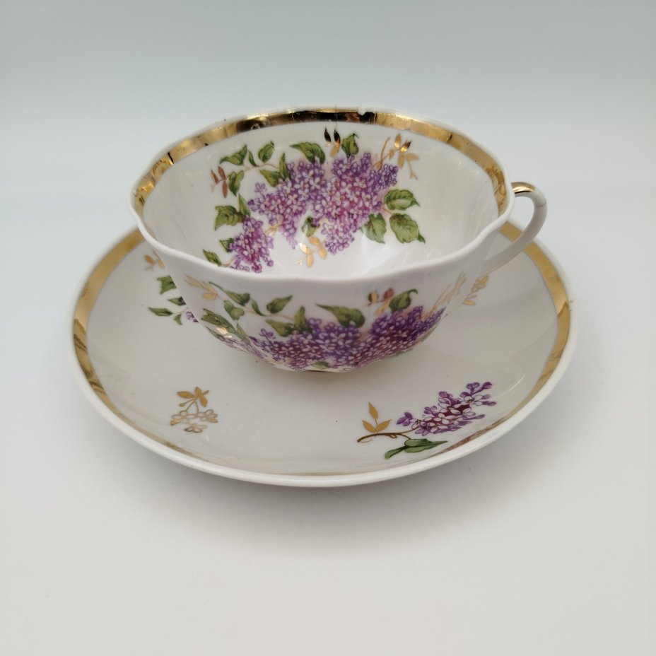Пара чайная "Сирень", фарфор, деколь, золочение, Дулевский фарфоровый завод (Дулёво), СССР, 1964 г.