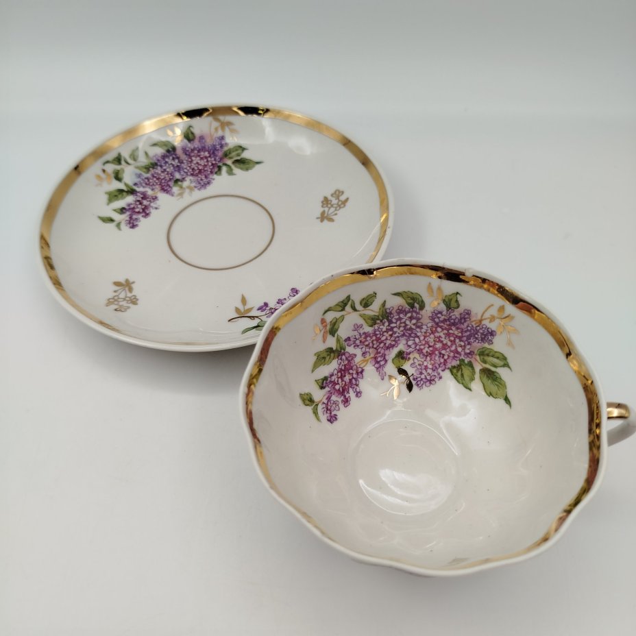 Пара чайная "Сирень", фарфор, деколь, золочение, Дулевский фарфоровый завод (Дулёво), СССР, 1964 г.