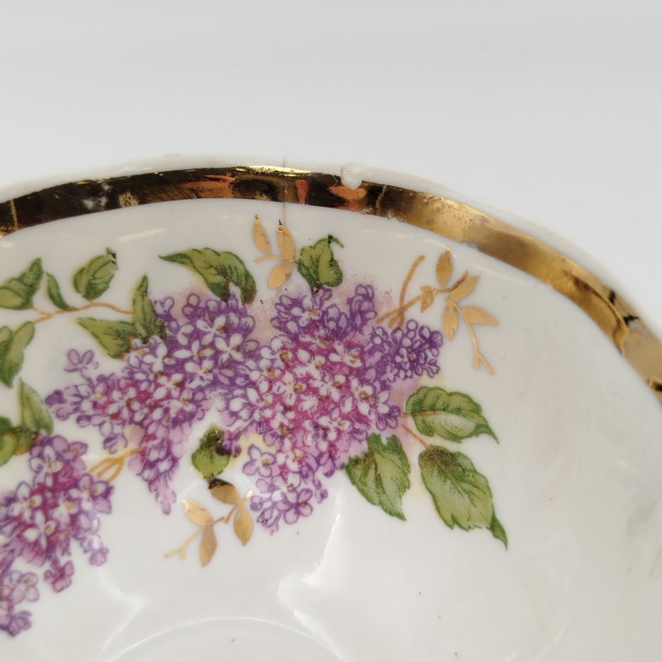 Пара чайная "Сирень", фарфор, деколь, золочение, Дулевский фарфоровый завод (Дулёво), СССР, 1964 г.