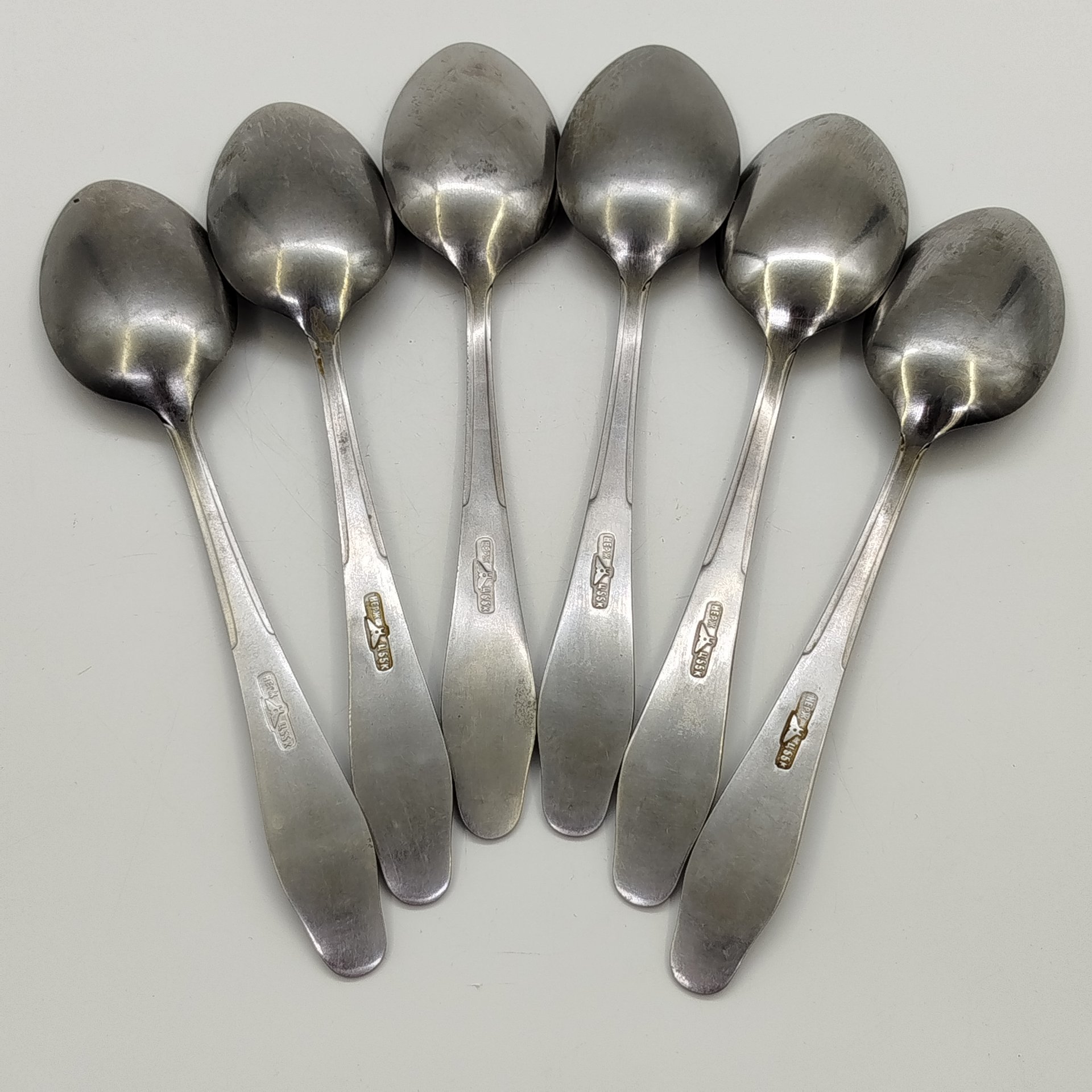 Набор из 6-ти столовых ложек, украшенных растительным декором, Нытвенский металлургический завод, нержавеющая сталь