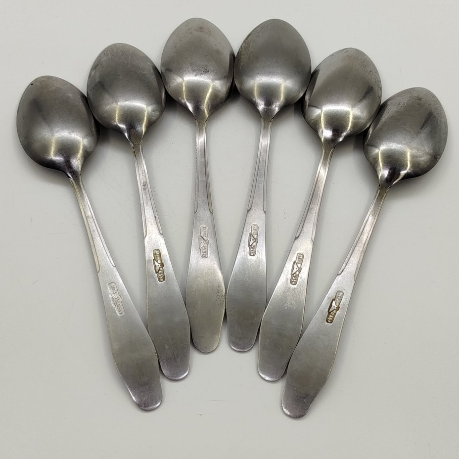 Набор из 6-ти столовых ложек, украшенных растительным декором, Нытвенский металлургический завод, нержавеющая сталь