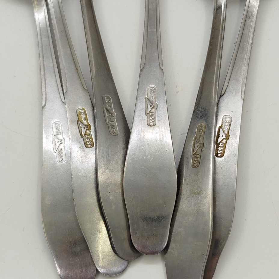 Набор из 6-ти столовых ложек, украшенных растительным декором, Нытвенский металлургический завод, нержавеющая сталь