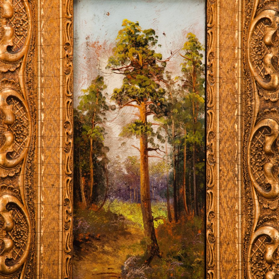 Картина "Пейзаж с сосной", оформленная в раму с рельефным декором, неизвестный художник