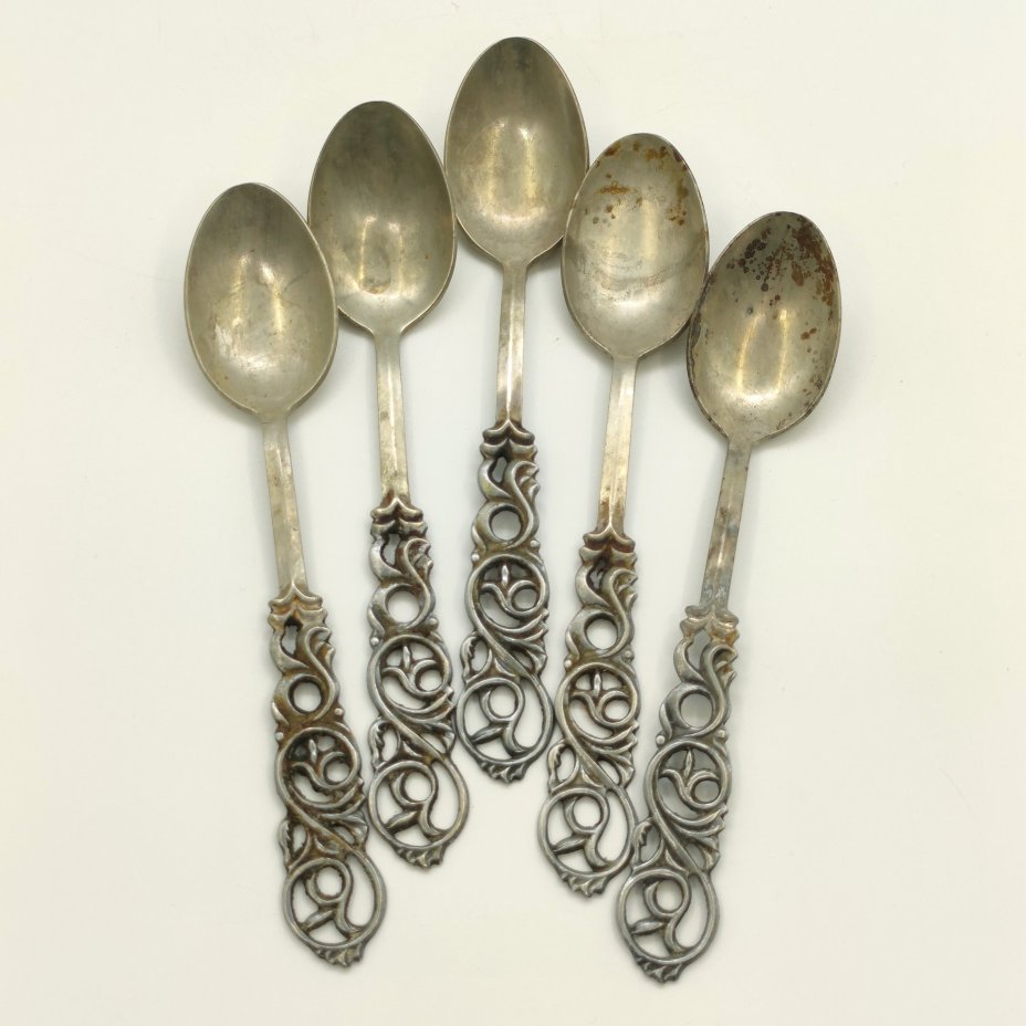 Набор из 5-ти десертных ложек с ажурными ручками, металл, Казаковский завод художественных изделий (КХИ), СССР, 1975-1991 гг.