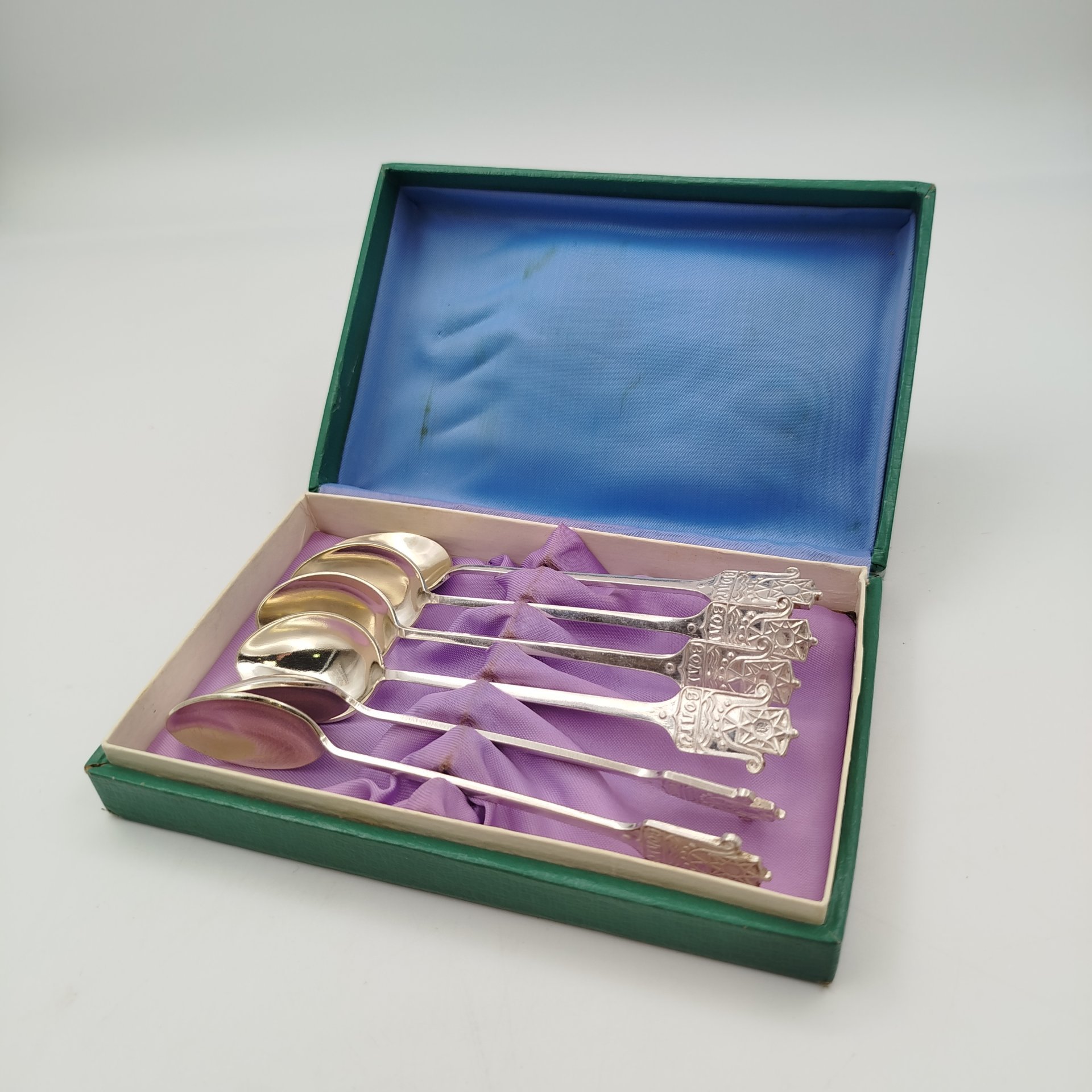 Набор чайных ложек "Волга" в оригинальной упаковке на 6 персон, мНЦ (медь-никель-цинк), картон, Красносельский ювелирный завод, СССР, 1960-1970 гг.