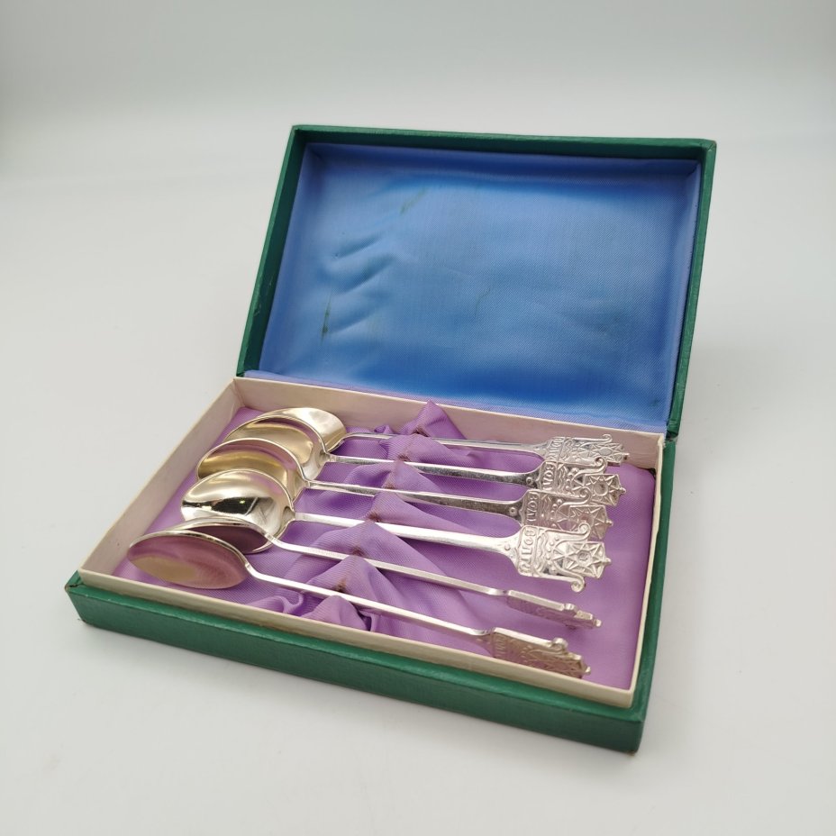 Набор чайных ложек "Волга" в оригинальной упаковке на 6 персон, мНЦ (медь-никель-цинк), картон, Красносельский ювелирный завод, СССР, 1960-1970 гг.